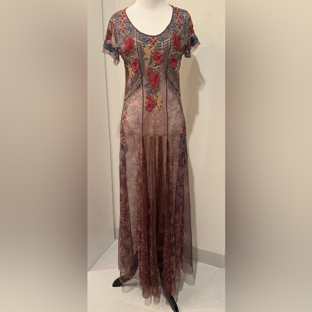 Johnny Was Embroidered Sheer Maxi Dress - Red and Brown